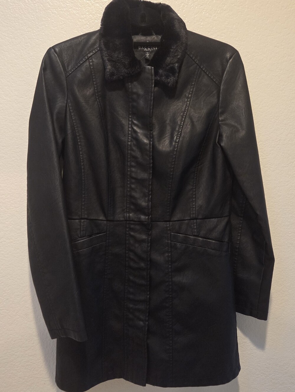 Baccini Vegan Leather Coat S Black Faux Fur Collar 90s Minimalist Moto Y2K Edgy